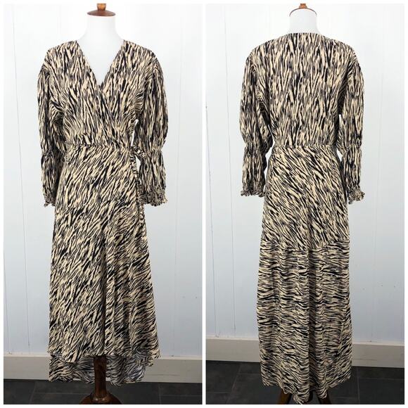 ELF Made by Hand Set Sail Wrap Dress Midi Puff Sleeves Size Large Tan Brown - Picture 1 of 16